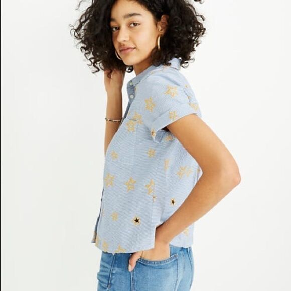 Madewell Star Embroidered Cutout Button Top C15 - Picture 2 of 13